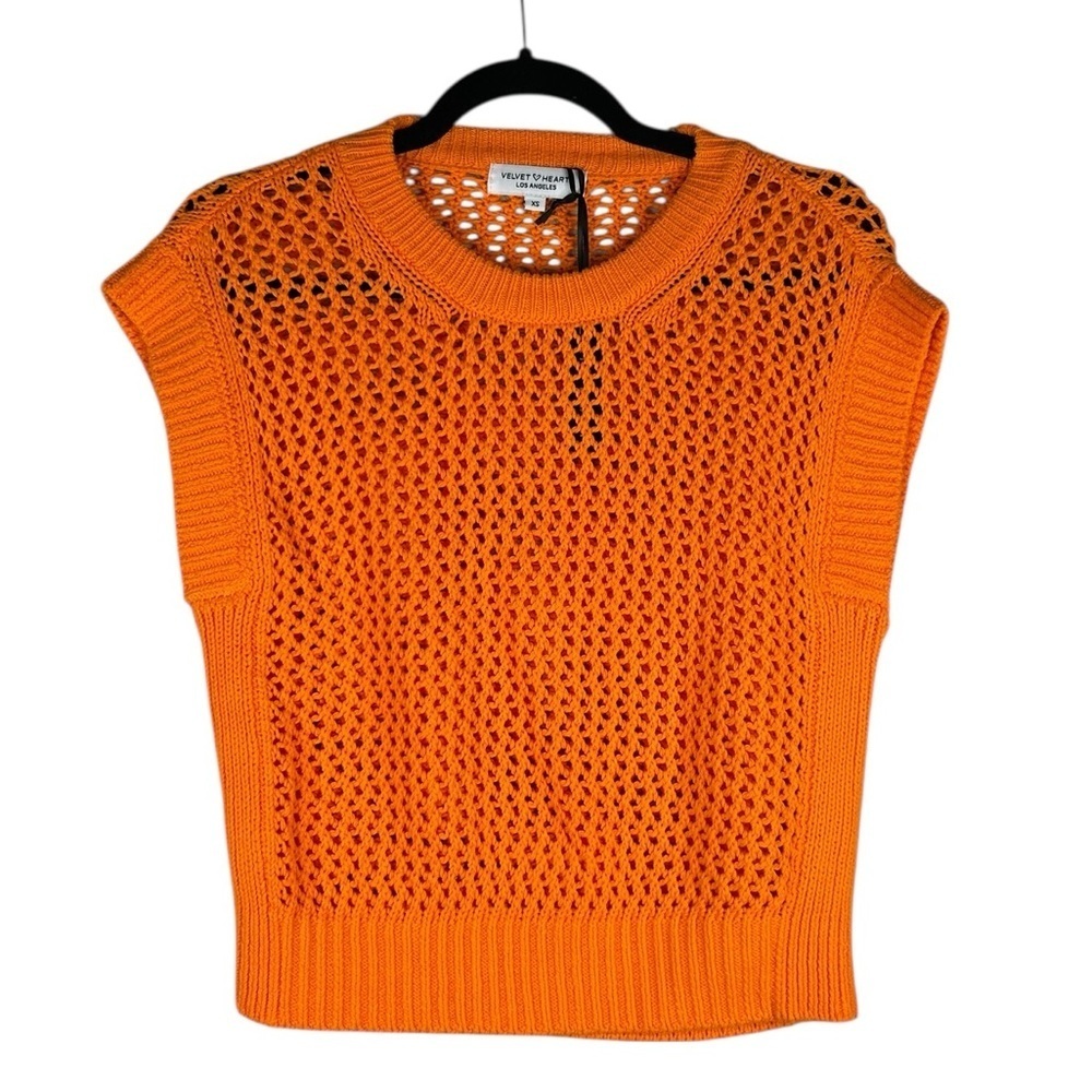 Velvet Heart Orange 80's Style Open Knit Crewneck Cap Sleeve Sweater Size XS New